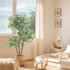 Artificial Ficus Tree, Tall Faux Plant With White Tall Planter, Faux Greenery Tree With Natural Trunks & White-Edged Leaves For Home Decor -Greenery Decor Store GUEST 0b64cf0a b27b 4a96 8544 a21614e941ba