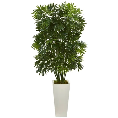 Nearly Natural 49” Mini Bamboo Palm Artificial Pant In White Tower Planter 3 Nearly Natural 49” Mini Bamboo Palm Artificial Pant In White Tower Planter