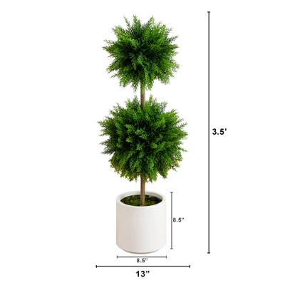 Nearly Natural 3.5-ft UV Resistant Artificial Cedar Double Ball Topiary Tree In White Decorative Planter (Indoor/Outdoor 3 Nearly Natural 3.5-ft UV Resistant Artificial Cedar Double Ball Topiary Tree In White Decorative Planter (Indoor/Outdoor
