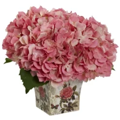 Nearly Natural Hydrangea Artificial Arrangement With Floral Planter, Pink -Greenery Decor Store GUEST 22b2705a 25e4 4c49 b4ef f8bc7aab2fde