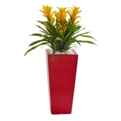 Nearly Natural Triple Bromeliad Artificial Plant In Red Planter, Red