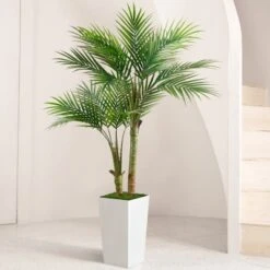5ft Artificial Palm Tree In White Planter Faux Tropical Plant For Indoor Outdoor Office House Decor With 2 Trunks -Greenery Decor Store GUEST 32bf477f b5d2 4bf4 8531 cdba6d31fbd2