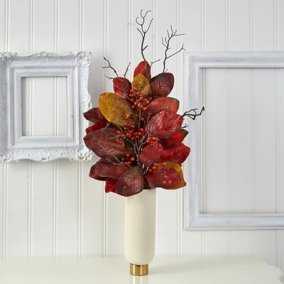 Nearly Natural 38-in Autumn Magnolia Leaf With Berries Artificial Plant In Cream Planter With Gold Base 4 Nearly Natural 38-in Autumn Magnolia Leaf With Berries Artificial Plant In Cream Planter With Gold Base - Image 2