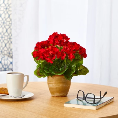Nearly Natural 11-in Geranium Artificial Plant In Ceramic Planter UV Resistant (Indoor/Outdoor), Red 4 Nearly Natural 11-in Geranium Artificial Plant In Ceramic Planter UV Resistant (Indoor/Outdoor), Red - Image 2