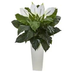 Nearly Natural 3-ft Spathiphyllum Artificial Plant In White Tower Planter