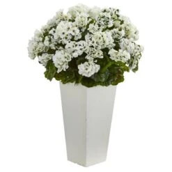 Nearly Natural 27-in Geranium Artificial Plant In White Planter UV Resistant (Indoor/Outdoor), White -Greenery Decor Store GUEST 4d475f9d ea83 493d b19a cc59f81dd25c