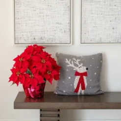 Nearly Natural 19-in Artificial Lush Poinsettia Arrangement In Red Wrapped Planter -Greenery Decor Store GUEST 552ee351 c98a 4545 93d5 3d262d4f61ef