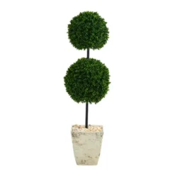 Nearly Natural 4-ft Boxwood Double Ball Artificial Topiary Tree In Country White Planter UV Resistant (Indoor/Outdoor) -Greenery Decor Store GUEST 60620e31 2a6d 4132 b6ab e2a31d4e5ffa