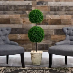Nearly Natural 4-ft Boxwood Double Ball Artificial Topiary Tree In Country White Planter UV Resistant (Indoor/Outdoor) -Greenery Decor Store GUEST 7791f722 295f 4c69 8ab5 b589f9113674