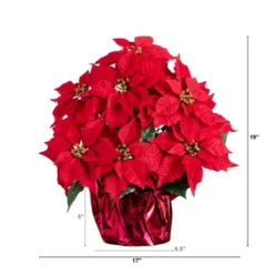 Nearly Natural 19-in Artificial Lush Poinsettia Arrangement In Red Wrapped Planter -Greenery Decor Store GUEST 84193333 a2cb 498f 8bff f28b1f169746