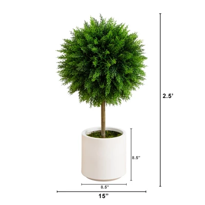 Nearly Natural 2.5-ft UV Resistant Artificial Cedar Ball Topiary Tree In White Decorative Planter (Indoor/Outdoor) 3 Nearly Natural 2.5-ft UV Resistant Artificial Cedar Ball Topiary Tree In White Decorative Planter (Indoor/Outdoor)