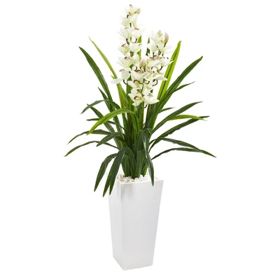 Nearly Natural 4.5-ft Cymbidium Orchid Artificial Plant In White Tower Planter 3 Nearly Natural 4.5-ft Cymbidium Orchid Artificial Plant In White Tower Planter