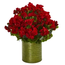 Nearly Natural Geranium Artificial Plant In Metal Planter UV Resistant (Indoor/Outdoor), White