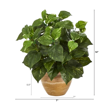 Nearly Natural 14-in Pothos Artificial Plant In Ceramic Planter 3 Nearly Natural 14-in Pothos Artificial Plant In Ceramic Planter