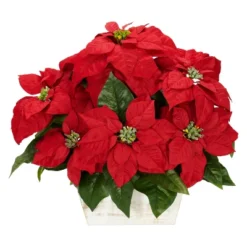 Nearly Natural Poinsettia With White Wash Planter Artificial Arrangement
