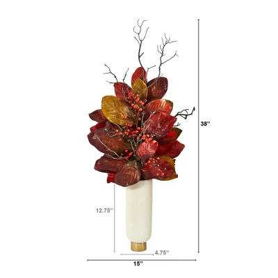 Nearly Natural 38-in Autumn Magnolia Leaf With Berries Artificial Plant In Cream Planter With Gold Base 3 Nearly Natural 38-in Autumn Magnolia Leaf With Berries Artificial Plant In Cream Planter With Gold Base