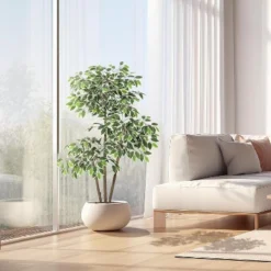Artificial Ficus Tree, Tall Faux Plant With White Tall Planter, Faux Greenery Tree With Natural Trunks & White-Edged Leaves For Home Decor -Greenery Decor Store GUEST ae43a029 0794 4bfb ae5e 75a238fe0c2f
