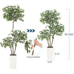 Artificial Ficus Tree, Tall Faux Plant With White Tall Planter, Faux Greenery Tree With Natural Trunks & White-Edged Leaves For Home Decor