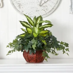 Nearly Natural Dieffenbachia & Ivy With Decorative Planter