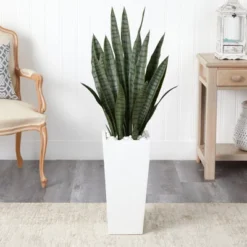 Nearly Natural 4-ft Artificial Sansevieria Snake Plant In White Tower Planter