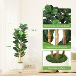 5 FT Faux Fiddle Leaf Fig Tree With White Tall Planter, Faux Trees With Artificial Plants 56 Fiddle Leaves Greenery