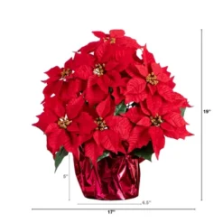 Nearly Natural 19-in Artificial Lush Poinsettia Arrangement In Red Wrapped Planter